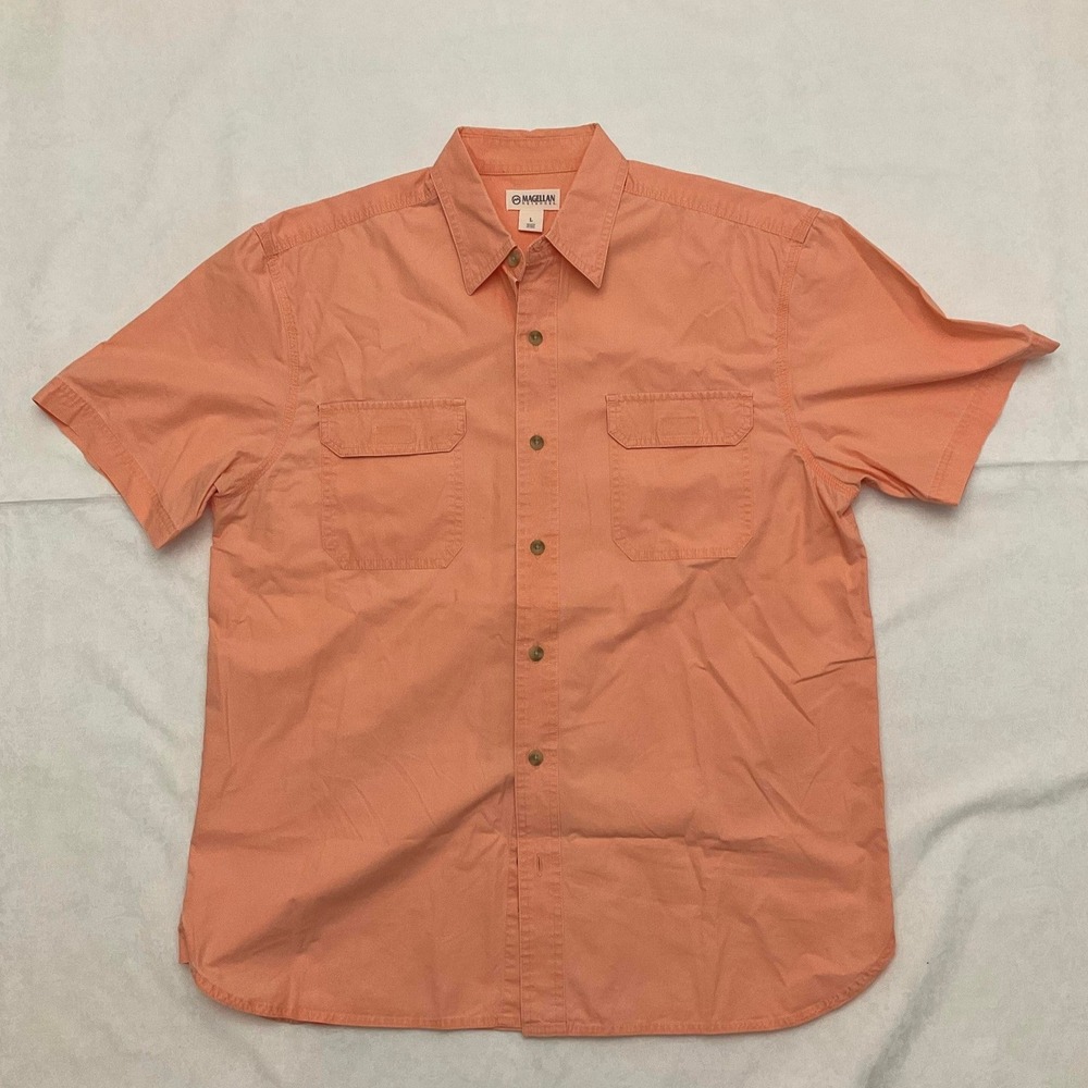 Magellan Outdoors Men's Large Peach Short Sleeve Button Up Shirt Cotton Pockets